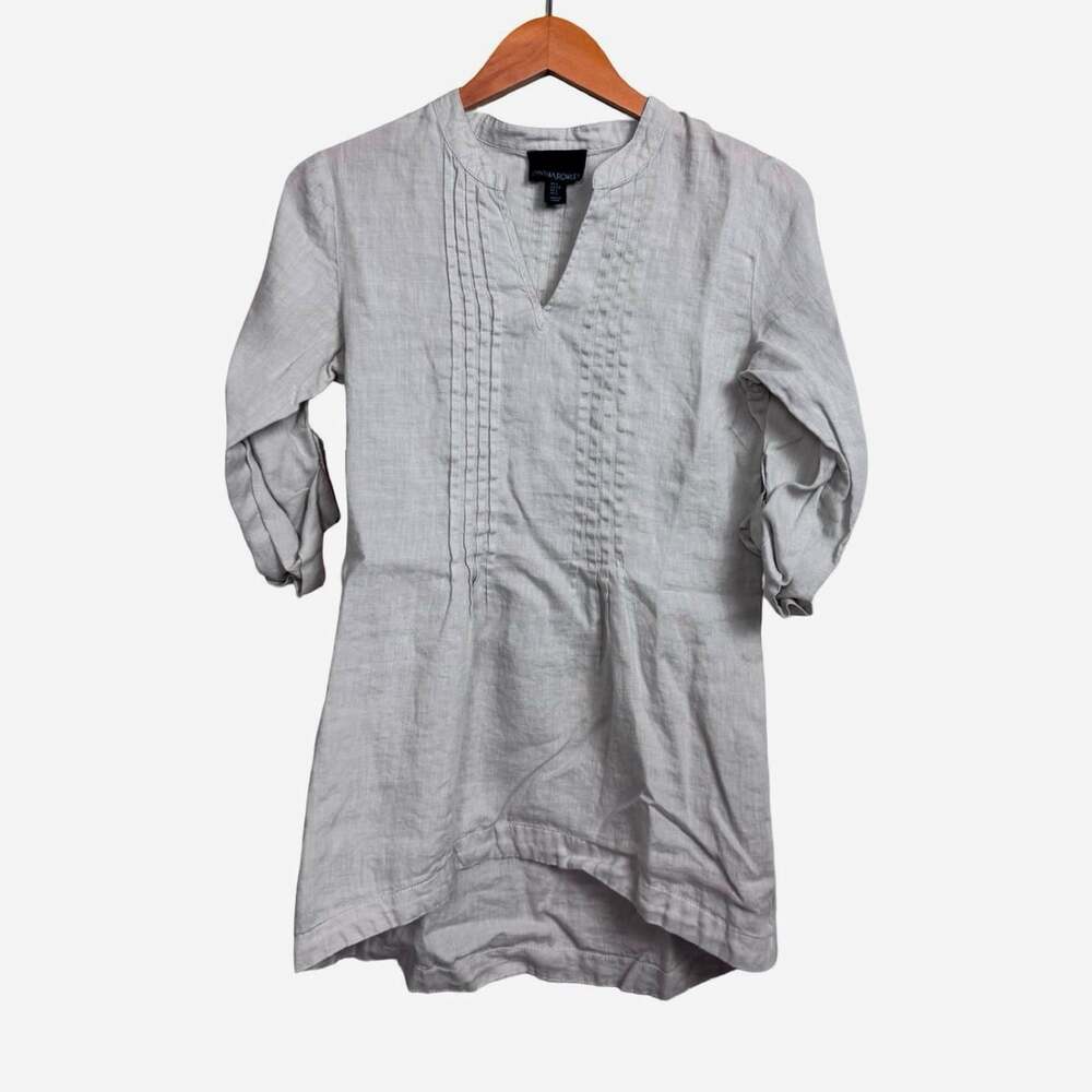 Cynthia Rowley Gray 100% Linen Woven V-Neck Tunic Blouse 3/4 Sleeve Size S